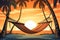 A hammock suspended between two palm trees vector tropical background