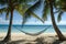 A hammock suspended between two tall palm trees on a sandy beach, offering a relaxing spot for leisure and enjoyment, An inviting