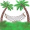A hammock between two green palms