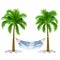 Hammock between two palm trees isolated on white background. Service on the beach. Vector cartoon close-up illustration.