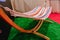 Hammock on a wooden stand. Multicolored hammock fabric