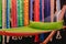 Hammock on a wooden stand. Multicolored hammock fabric