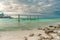 Hammocks hang on poles in the Caribbean. Mexico