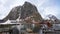 Hamnoy harbour quay at Reinefjorden on the Lofoten in Norway in winter