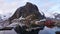 Hamnoy harbour at Reinefjorden on the Lofoten in Norway in winter at sunset