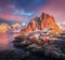 Hamnoy village on the hill at sunrise. Lofoten islands, Norway