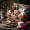 A hamper basket filled with gourmet cheeses, charcuterie