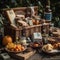 A hamper basket filled with gourmet cheeses, charcuterie