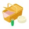 Hamper with Checkered Tablecloth and Stacked Plates and Cups Rested Nearby as Picnic Isometric Vector Illustration