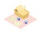 Hamper Rested on Tablecloth with Plates as Picnic Isometric Vector Illustration