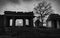 Hampi karnakata india temple and silhouette tree at sunset point black and white