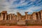 Hampi ruins antique stone art from unique angle with amazing sky