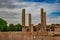 Hampi ruins antique stone art from unique angle with amazing sky