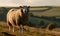 Hampshire sheep standing majestically on lush rolling pasture surrounded by verdant hills & blue sky. Its wool glistens in