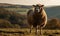 Hampshire sheep standing majestically on lush rolling pasture surrounded by verdant hills & blue sky. Its wool glistens in