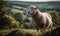 Hampshire sheep standing majestically on lush rolling pasture surrounded by verdant hills & blue sky. Its wool glistens in
