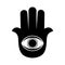 Hamsa black Judaism icon on white background. Symmetrical shape with thumbs on both sides.