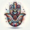 Hamsa hand painted with colored paints on a colorful background.