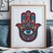 Hamsa hand painted with colored paints on a colorful background.