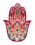 Hamsa Hand in watercolor. Protective and Good luck amulet in Indian, Arabic Jewish cultures. Hamesh hand in vivid colors.