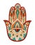 Hamsa Hand in watercolor. Protective and Good luck amulet in Indian, Arabic Jewish cultures. Hamesh hand in vivid colors.