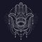 Hamsa icon. Monochrome vector illustration is isolated on a blue background. Esoteric protective amulet hand of Fatima