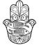 Hamsa, Miriam hand symbol with floral ornament and two fishes.