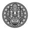 Hamsa talisman religion Asian. Black color graphic in white background. Symbol of protection and talisman against the evil eye.