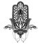 Hamsa talisman religion Asian and lotus flower. Black color graphic in white background. Symbol of protection and talisman against