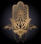 Hamsa talisman religion Asian and lotus flower. Gold gradient color graphic in black background. Symbol of protection and talisman