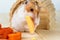 A hamster close-up eats cheese near its house.