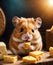 hamster eating cheese from a wooden cutting board, soft warm light from the back