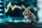 hamster in front of blurry trading charts, novice in stock exchange and asset market concept