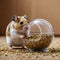 Hamster gnawing seeds in a special feeder.