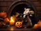 hamster in halloween costume in living room with fireplace decorated with pumpkin