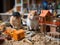 Hamster inspects toy construction site wearing safety gear