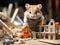 Hamster inspects toy construction site wearing safety gear