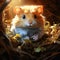 Hamster in a nest of dry grass on a light background