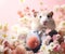 hamster in smart suit, surrounded in a surreal garden full of blossom flowers floral landscape
