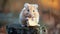 Hamster stands on a stump, bread nearby, curious eyes surveying its surroundings, Ai Generated