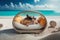 A hamster in sunglasses resting on a sun lounger on the beach.