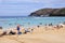 Hanauma Bay, Honolulu, Oahu/Hawaii, June 9, 2011: Tourists snorkelling and sunbathing at the coral reef of Hanauma Bay, a former