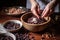 a hand adding organic raw cacao nibs to an acai bowl