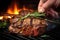 hand adding a sprig of rosemary to a beautifully grilled steak