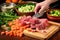 hand adding thick cut vegetables into beef stew