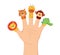 Hand animal puppets. Children finger theater. Family leisure. Lion, tiger, giraffe, monkey and Crocodile dolls. Vector