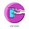 Hand antibacterial gel bottle line vector icon. Alcohol hands sanitizer use poster for corona prevention and hygiene. Medical