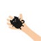 Hand arm holding black cat. Adopt animal pet. Helping hands concept. Funny gift. Cute cartoon character. Close up body part. Flat