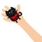 Hand arm holding black cat with red bow ribbon. Adopt animal pet. Helping hands concept. Funny gift. Cute cartoon character. Close