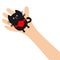 Hand arm holding black cat with red round bow ribbon. Adopt animal pet. Helping hands concept. Funny gift. Cute cartoon character.